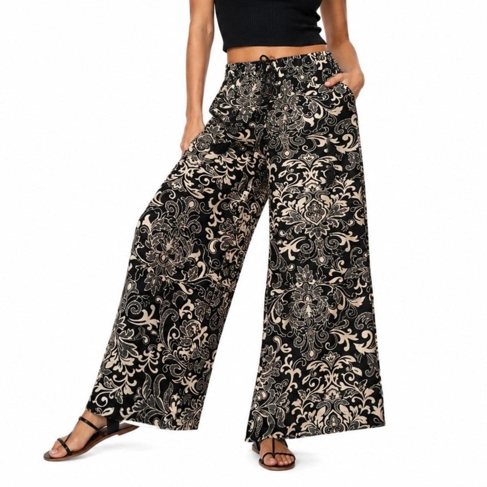 New Directions Palazzo Pants Womens Large Black Tan Damask Paisley Wide Leg Boho